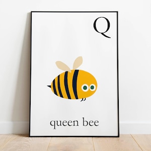 Queen Bee print for kids room wall, capital letters. Animal children decor for baby shower gift or nursery. Name letter for toddlers room