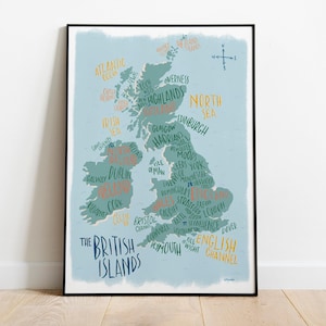 Britische Inseln Karte Drucken. England, Schottland, Wales, Nordirland und Irland originale digitale Illustration.
