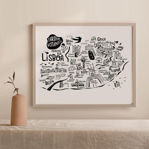 This Lisbon map, illustrated by Sira Lobo, is available in various sizes and framing options. Perfect for adding a unique touch to your space, it makes a great travel-inspired decor piece for any room!