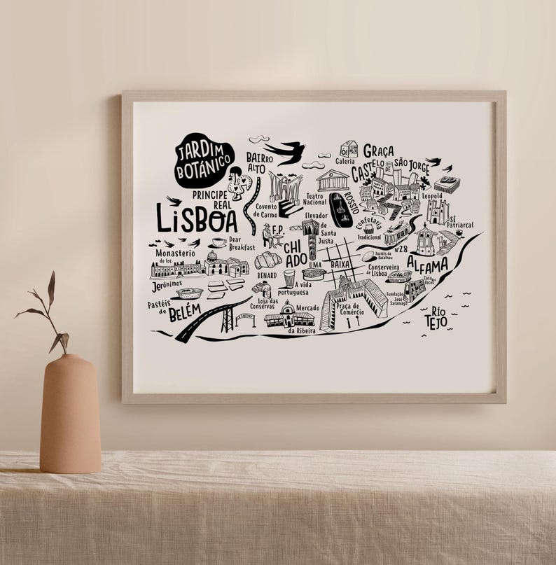This Lisbon map, illustrated by Sira Lobo, is available in various sizes and framing options. Perfect for adding a unique touch to your space, it makes a great travel-inspired decor piece for any room!