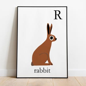 Rabbit art print letter R monogram for kids room decor and homeschool. Toodlers and nursery cute animal decor
