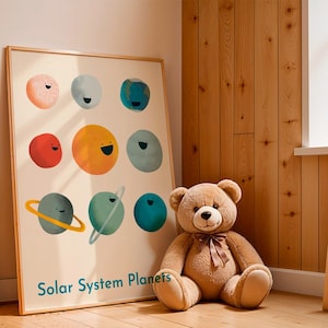Solar System Kids Wall Art – Colorful Planets & Sun Print – Fun Space Decor for Nursery or Playroom – Educational Gift