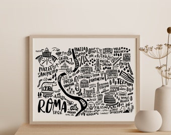 Rome illustrated map of Italy. Roma city illustration. Ready to hang souvenir to your travel wall