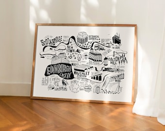 EDINBURGH Map Print. City Original illustration. City Guide Map print. Maps. SCOTLAND Print. Black and White paper wall art