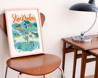 STOCKHOLM kaart afdrukken. Zweedse geïllustreerde stad. Handletter Originele illustratie. Stadsgids kaart afdrukken. Reiskaart. ZWEDEN. Kaarten