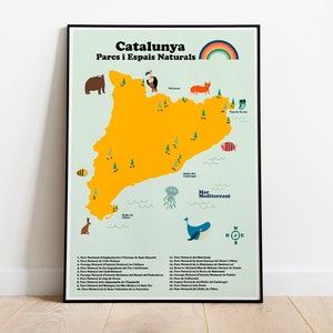 Mappa stampabile dei Parchi Nazionali della Catalogna per la decorazione della cameretta dei bambini. Spazi naturali e fauna selvatica per la cameretta dei più piccoli. Download immediato per poster di grandi dimensioni.