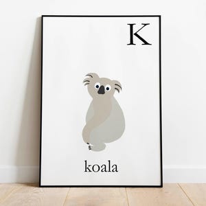 K is fo Koala print for kids room decor and baby shower gift giving. Australia animals themed room for children