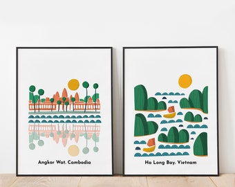 Vietnam and Cambodia Asia set of 2 prints for kids room decor, Ha Long Bay and Angkor Wat travel themed room, Asian wonders, Ready to ship