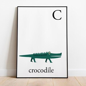 Green Crocodile Alphabet Print. Cute Animals prints for kids room. Toddler room letters for learning. Homeschool. Kids room wall art
