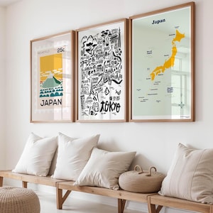 Japan Art Print Set: Tokyo Map, Japan and Mount Fuji - Travel Home Decor