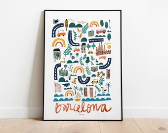 Barcelona illustrated map. Holidays souvenir from Spain. Illustrated city maps. Colorful memories for travel wall decor. Living room art