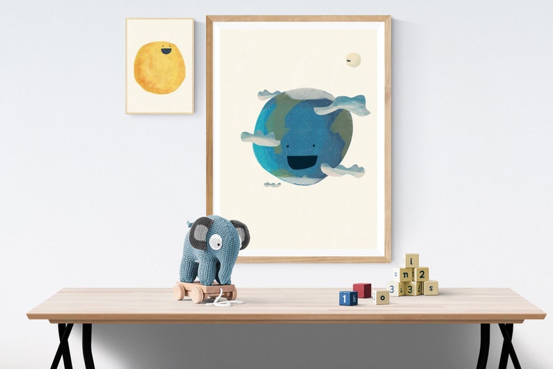 Milky way planets and satellites in a landscape poster for kids room Learning Solar System for toddlers Educational prints Planets