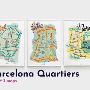 Mapas de Barcelona Mapas de los barrios del Raval, el Born y el Gótico. Regalos para viajeros para actualizar el arte de la sala de estar. Mapas ilustrados de la ciudad de Barcelona