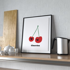 Red Cherries for printing. Big size with friuts and veggies to instant download. Funny Kitchen funny and colorful posters. Veggie prints