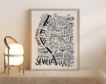 SEVILLE Map Print. Illustrated city map with Frame Option. Spain travel wall decor for living room. Traveler's gift