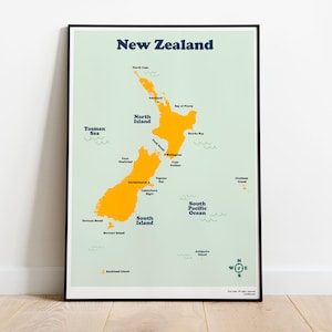 Neuseeland druckbare Landkarte, sofortiger Download und Druck in 20 Größen, Schule für Zuhause, für Kinderzimmer Dekor, Geographie Karte