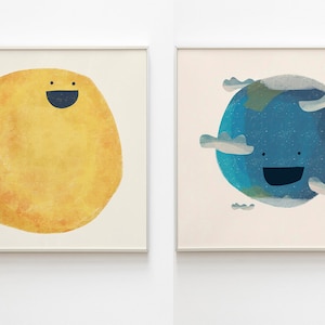 Solar system Sun and planet earth nursery Prints, Kids Room Decor, Playroom Wall Hanging, Digital Painting, Nursery Decor, Baby Shower Gifts