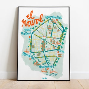 Raval Barcelona Lettering Map. A souvenir from Barcelona, original design. Illustrated city map. El Raval Travel print