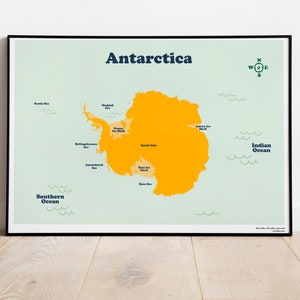 Antarktis Karte zum Ausdrucken für Kinder und Erwachsene. Sofortdownload für den Hausunterricht. Lernposter in 5 Raties für einen großen Print