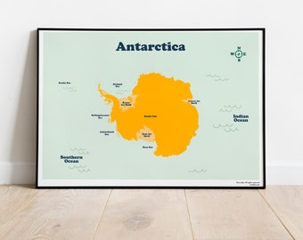 Carte imprimable du continent de l'Antarctique pour l'école à domicile des enfants. Téléchargement instantané pour l'enseignement à domicile. Poster d'apprentissage en 5 ratios pour une impression en grand