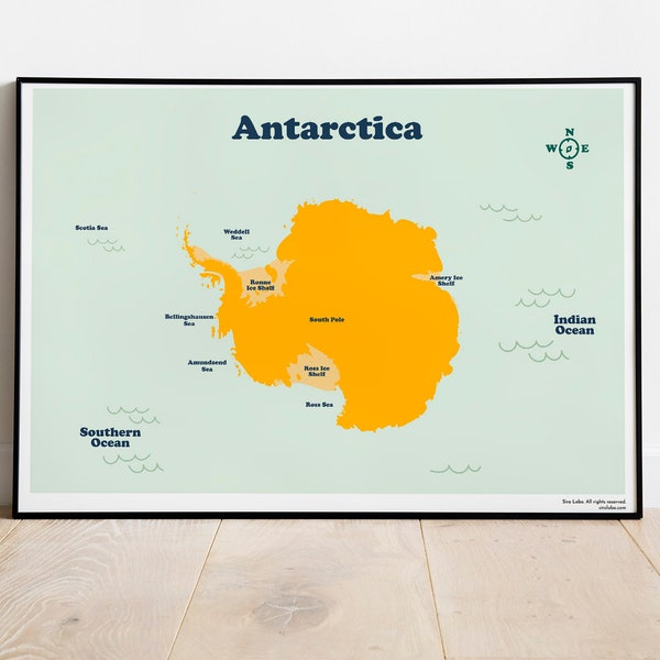 Mapa imprimible del continente de la Antártida para la escuela en casa de los niños. Descarga instantánea para educación en el hogar. Póster de aprendizaje en 5 proporciones para una letra grande