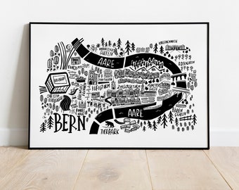 Bern Switzerland city map Christmas Gift Giving Ready to Ship, Black and white print for modern interiors. Mountains lovers and hikers gift