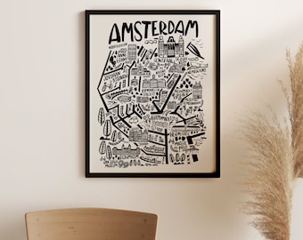 AMSTERDAM Netherlands Map Print. City Original illustration.Traveler's gift print. Small illustration or Big prints in Black and White