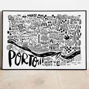 Porto in Portugal, illustrated city map by Sira Lobo for living room decor for neutral, contemporary and modern styles.