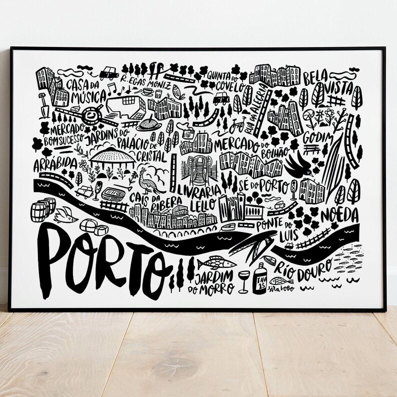 Porto in Portugal, illustrated city map by Sira Lobo for living room decor for neutral, contemporary and modern styles.