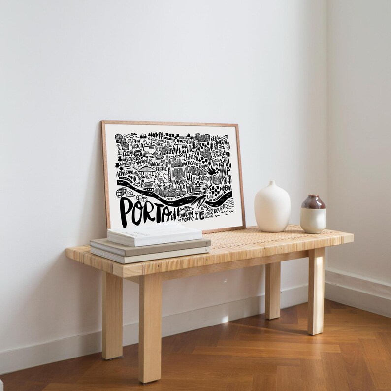 Porto in Portugal, illustrated city map by Sira Lobo for living room decor for neutral, contemporary and modern styles.