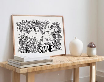 Sydney illustrated map print. Australia illustration. Aussie New south wales prints. Ready to hang souvenir to your travel wall