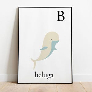 Beluga Alphabet Druck Buchstabe B. Niedliche Tiere Drucke für Kinderzimmer. Kinderzimmerbuchstabe zum Lernen. Heimatschule. Kunst fürs Kinderzimmer. Wale