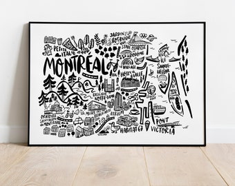 MONTRÉAL illustrated city Map in French, Travel wall home decor for travelers, Black and White illustrated maps, Travel memories