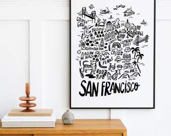 San Francisco Illustrated Map for living room decor and travel wall. Contemporary California art print in black and white, ready to hang.