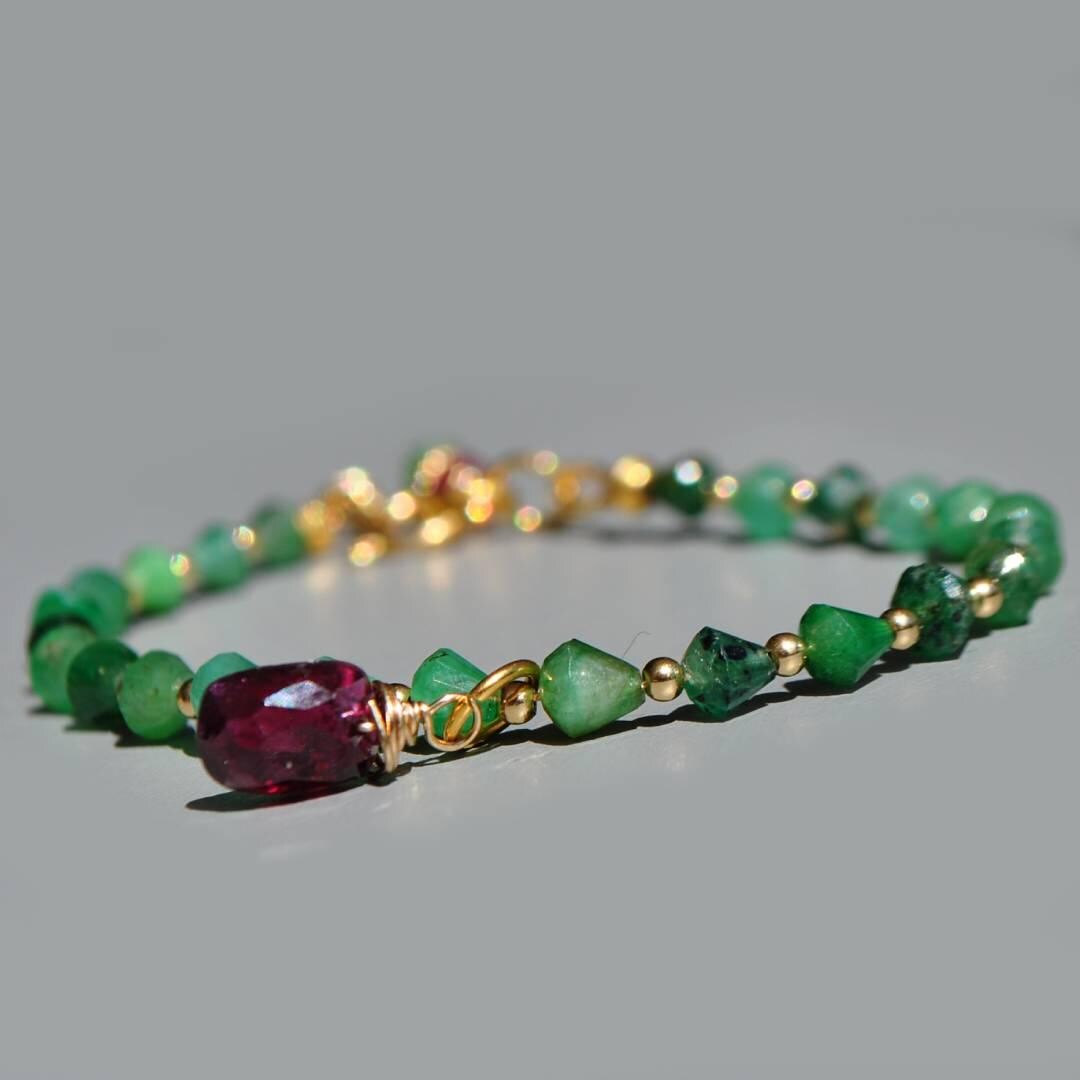 Zambian Emerald Bracelet in 14K Gold With Pink Rhodolite Pendant ...