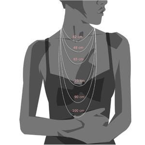 May include: A set of six silver-toned chains displayed on a silhouette, with lengths labeled as 42 cm, 48 cm, 65 cm, 75 cm, 90 cm, and 100 cm. The chains vary in length, creating a layered effect against the dark gray torso outline.