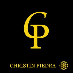 May include: A black square graphic featuring a large, stylized gold letter G intertwined with a gold letter P. Below the letters, the text CHRISTIN PIEDRA is written in gold, followed by a small gold geometric circular flower icon.