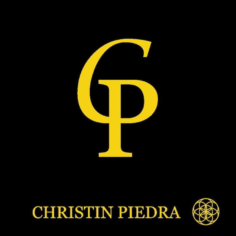 May include: A black square graphic featuring a large, stylized gold letter G intertwined with a gold letter P. Below the letters, the text CHRISTIN PIEDRA is written in gold, followed by a small gold geometric circular flower icon.
