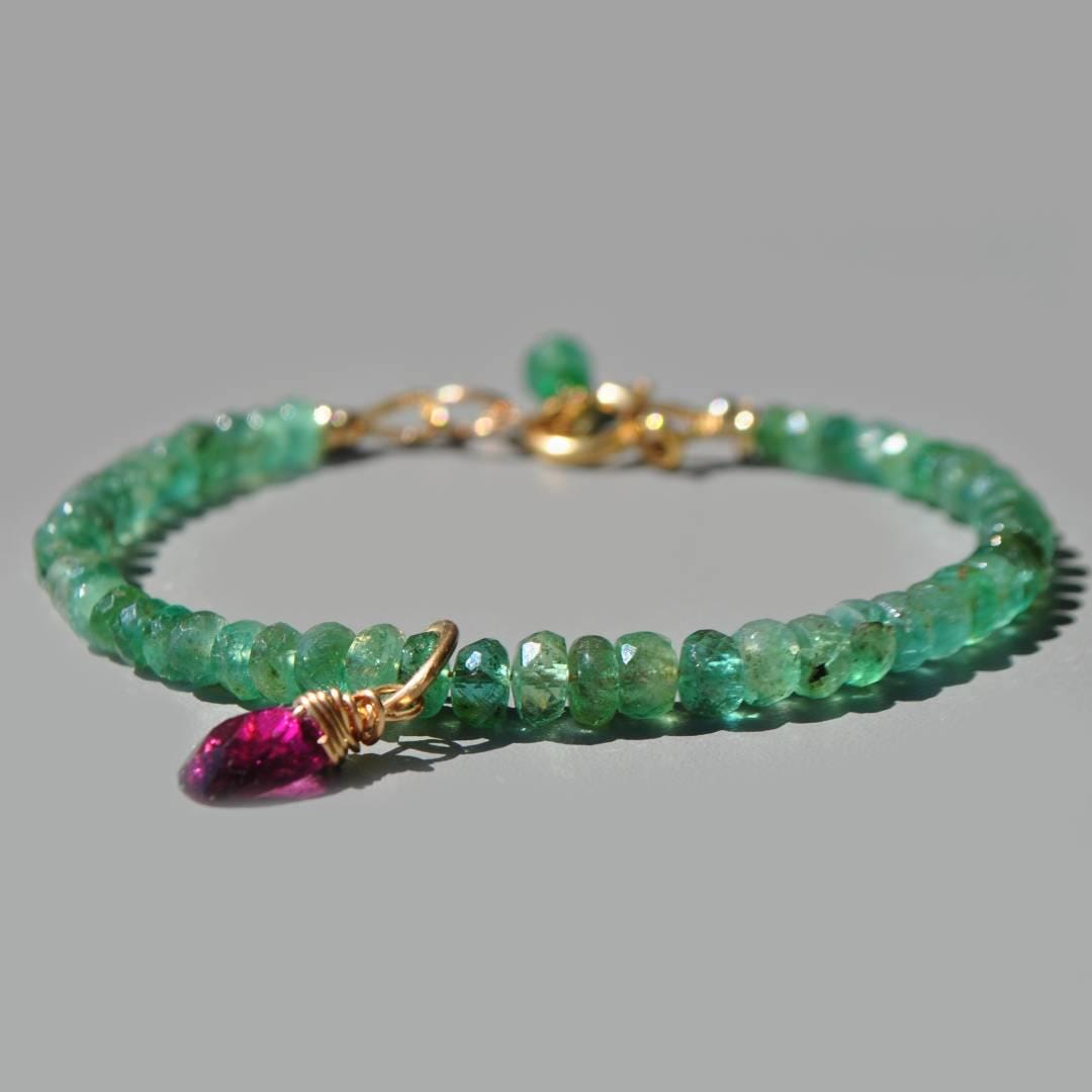 Zambian Emerald Bracelet in 14K Gold With Pink Rhodolite Pendant ...