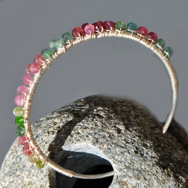 Bracelet jonc Argent 925 Tourmaline - manchette pierres précieuses roses vertes