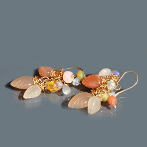 14K Gold Opal Moonstone Cluster Earrings