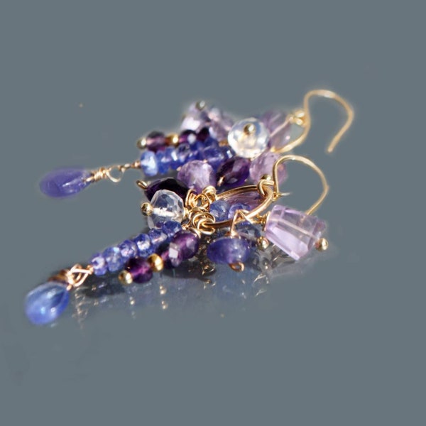 Boucles d'oreilles Grappe Tanzanite Améthyste rose et violette Or14K