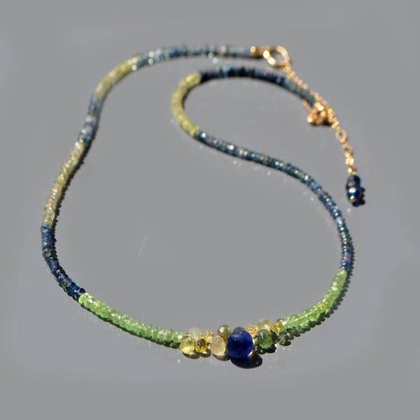 Blue Sapphires and Green Tsavorite Gold 14K Necklace