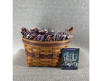 Panier Longaberger Petunia 1997 Tissu fleuri Deux poignées en cuir Insert en plastique