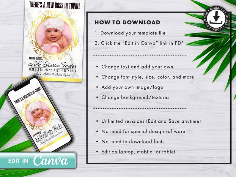 Editable Birth Announcement & Digital Birth Announcement Bundle INSTANT