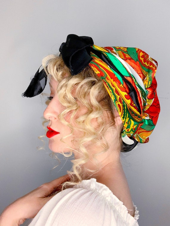 Vintage Style Headscarf - Floral Silk Stripes - image 2