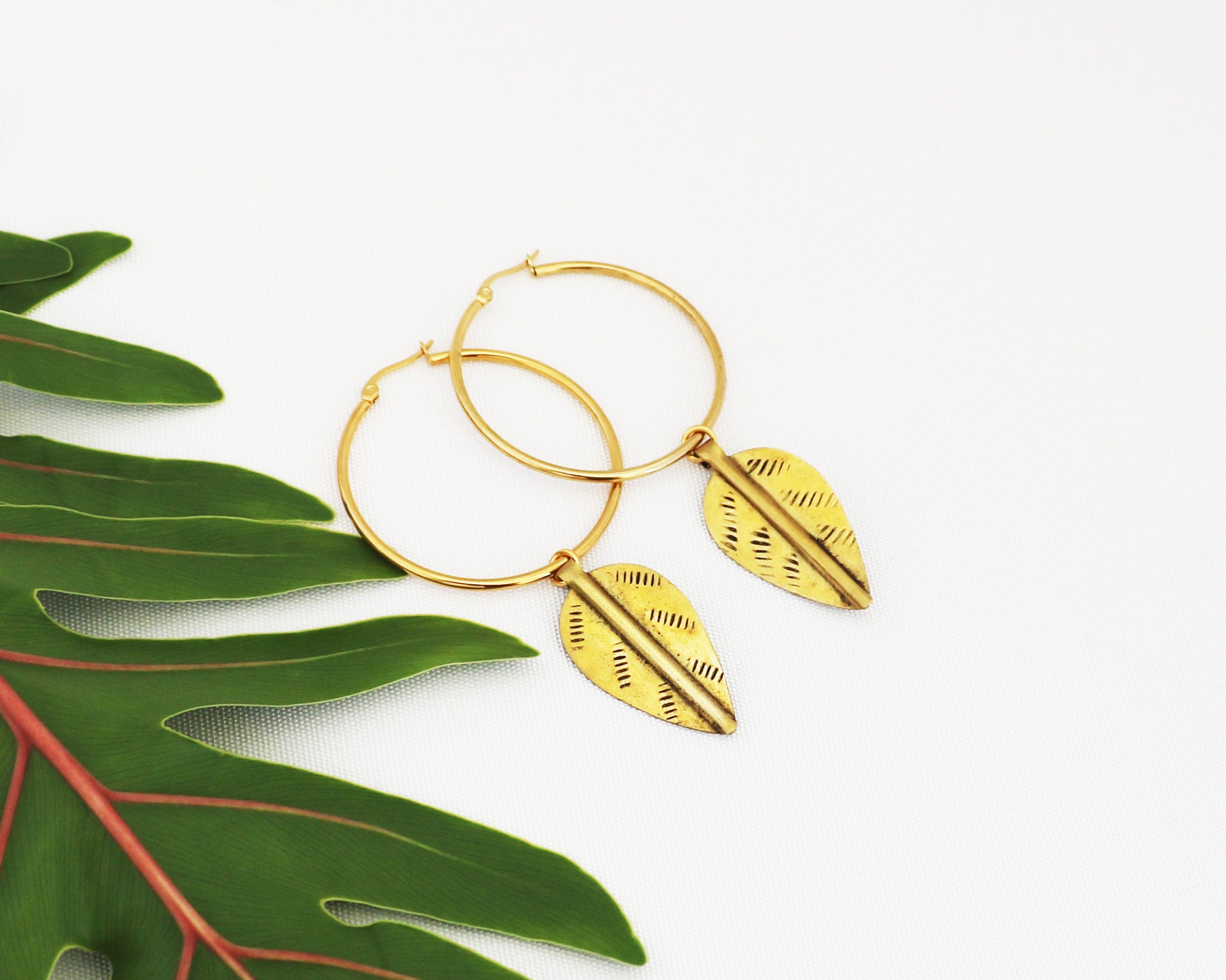 Gold Hoop Earrings with Handmade Brass Leaf Drop Dangles Etsy