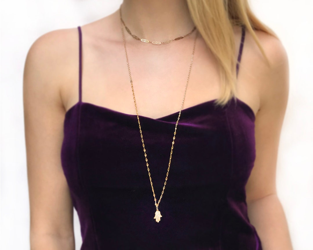 Long collier en or avec pendentif Hamsa : Délicat Fatima Evil Eye - Etsy France