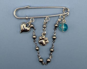 Pet Lover veiligheidsspeld broche | Bedel pootafdruk | Kies Crackle Glass Bead | Hond Kat