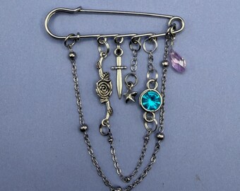 Fantasy Rose & Sword Kilt Pin | Teal Gem | Chain Drape | One of a Kind Romantasy